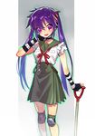  choker ebisuzawa_kurumi fang fingerless_gloves gakkou_gurashi! gloves knee_pads kushabiria long_hair looking_at_viewer open_mouth purple_eyes purple_hair school_uniform shovel skirt smile solo striped striped_gloves twintails 