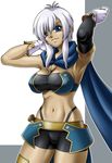  1girl armpits blue_eyes breasts cleavage dark_skin elbow_gloves erect_nipples female gloves grey_hair large_breasts long_hair looking_at_viewer midriff navel necklace ring rondorine_e._effenberg scarf shorts smile solo standing sword tales_of_(series) tales_of_phantasia:_narikiri_dungeon_x weapon 
