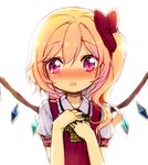  blonde_hair blush bow crystal fang flandre_scarlet hair_bow hair_ornament hands_on_own_chest minamura_haruki no_hat no_headwear open_mouth puffy_sleeves red_eyes shirt short_hair short_sleeves side_ponytail simple_background solo sweatdrop touhou white_background wings 