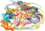 blonde_hair blue_eyes breasts cleavage colorful covered_navel dress headdress kneeling long_hair medium_breasts mi_bait parted_lips puzzle_&amp;_dragons sakuya_(p&amp;d) simple_background solo tail very_long_hair white_background white_dress 