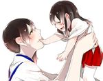  :d ^_^ age_difference akagi_(kantai_collection) brown_eyes brown_hair carrying closed_eyes closed_mouth from_side hakama_skirt hand_on_another's_chin japanese_clothes kaga_(kantai_collection) kantai_collection lifting_person long_hair multiple_girls open_mouth red_skirt short_hair short_sleeves shuu-0208 simple_background skirt smile tasuki thighhighs white_background white_legwear younger 