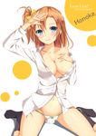  black_legwear blue_eyes blush bow breasts character_name copyright_name dress_shirt hair_bow hand_on_forehead hand_on_own_chest hatsu_(first_snow) kneeling kousaka_honoka large_breasts long_hair long_sleeves love_live! love_live!_school_idol_project no_bra one_side_up open_clothes open_shirt orange_hair panties polka_dot polka_dot_background shirt side-tie_panties smile solo underwear untied untied_panties yellow_bow 