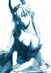  bad_id bad_pixiv_id bangs bare_shoulders breasts cleavage ex-keine fancybetty horns kamishirasawa_keine light_smile long_hair medium_breasts monochrome pose sitting solo touhou 