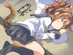  admiral_(kantai_collection) animal_ears artist_name brown_hair cat_ears cat_tail closed_eyes commentary_request darkside folded_ponytail inazuma_(kantai_collection) kantai_collection kemonomimi_mode kneehighs lap_pillow lying on_side school_uniform serafuku skirt sleeping solo_focus tail 