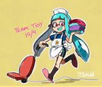  apron aqua_hair artist_name bad_id bad_tumblr_id bike_shorts blue_hair commentary dated inkling maid_apron pink_eyes sami_briggs shirt slippers smile socks solo splatoon_(series) splatoon_1 t-shirt tentacle_hair vacuum_cleaner 