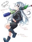  alternate_costume artist_name black_shorts boots commentary_request darkside ear_protection grey_eyes gun hibiki_(kantai_collection) kantai_collection long_hair looking_at_viewer rifle shorts silver_hair smile solo splat_charger_(splatoon) splatoon_(series) splatoon_1 translated water_gun weapon 