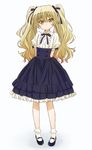  arms_behind_back blonde_hair center_frills dress full_body highres himeki_chifuyu inou-battle_wa_nichijou-kei_no_naka_de long_hair mary_janes ribbon shoes simple_background smile socks solo twintails white_background yamaguchi_satoshi yellow_eyes 