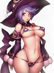  1girl :o bare_shoulders bikini bikini_warriors breasts cameltoe curvy detached_sleeves fumio_(rsqkr) hat large_breasts long_hair looking_at_viewer mage_(bikini_warriors) micro_bikini multi-strapped_bikini navel parted_lips purple_bikini purple_eyes purple_hair short_hair simple_background solo swimsuit symbol-shaped_pupils thick_thighs thighs underboob white_background wide_hips witch_hat 