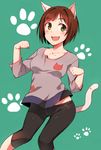  :3 :d animal_ears aqua_background black_legwear blush brown_hair cat cat_ears cat_tail collarbone em fang green_eyes idolmaster idolmaster_cinderella_girls kemonomimi_mode leggings long_sleeves looking_away looking_to_the_side maekawa_miku open_mouth paw_print purple_shirt shirt short_hair simple_background smile solo tail 