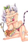  animal_ears barefoot bikini blue_eyes breasts cat_ears cat_tail cleavage fairy_tail green_ribbon hair_ribbon highres hug large_breasts lisanna_strauss looking_at_viewer mashima_hiro mirajane_strauss multiple_girls navel official_art one_eye_closed ribbon sideboob silver_hair smile striped_tail swimsuit tail tattoo transparent_background 