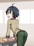  1boy ahoge ass black_hair blush desk kobayashi_yoshio leaning leaning_forward looking_back male_focus nagiichi open_mouth pants ranpo_kitan short_hair skin_tight smile solo tight_pants trap white_background yellow_eyes 