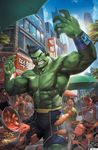  amadeus_cho_(marvel) blue_hair bowl chopsticks clenched_teeth fish food green_skin hulk korean marvel multiple_boys multiple_girls muscle official_art shirtless shorts teeth watermark woo_chul_lee wristband 