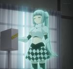 boots curtains glowing highres miss_monochrome miss_monochrome_(character) screencap silver_hair solo thigh_boots thighhighs twintails window 