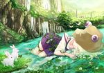  blonde_hair bug bunny butterfly cloudy.r flower grass hat insect leaf lying moriya_suwako nature on_side outdoors sleeping solo torii touhou water waterfall 