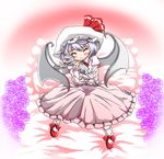  ^_^ animal animal_hug bat_wings blue_hair blush chupacabra closed_eyes flower gradient gradient_background hat hat_ribbon hato_(grazie_a_domani_7) juliet_sleeves knees_together_feet_apart long_sleeves on_bed pillow pink_background puffy_sleeves purple_flower purple_rose remilia_scarlet ribbon rose shoe_ribbon short_hair silver_hair sitting sitting_on_bed skirt skirt_set smile solo touhou tupai_(touhou) wings 