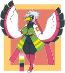  2017 anthro avian beak big_breasts bird breasts demonnyuu digital_media_(artwork) female hair hair_ribbon nintendo nipples non-mammal_breasts nude pok&eacute;mon pok&eacute;mon_(species) pussy ribbons simple_background smile solo standing video_games white_hair wings xatu 