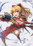  armor blonde_hair bow breasts chromatic_aberration copyright_name granblue_fantasy hair_bow haoni large_breasts long_hair open_mouth ponytail red_eyes solo sword vira_lilie weapon 
