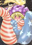 american_flag_legwear american_flag_shirt ass blonde_hair blush breasts clownpiece covered_clitoris covered_nipples embarrassed fang fat_mons from_ground full-face_blush hat highres inverted_nipples jester_cap large_breasts nipples pantyhose pink_eyes polka_dot puffy_nipples torch touhou yoshino_(hell-ion) 