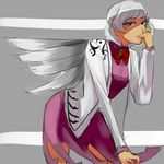  bow bowtie dilaih eyelashes hand_to_own_mouth jacket kishin_sagume leaning_forward legs looking_at_viewer open_clothes open_jacket red_eyes silver_hair simple_background single_wing skirt solo touhou wings 