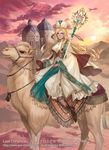  banamons blonde_hair blue_eyes camel cape copyright_name desert dress earrings hat jewelry last_chronicle long_hair looking_at_viewer reins riding staff sun white_dress 