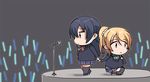  ayase_eli bangs black_legwear blazer blonde_hair blue_eyes blue_hair bow bowtie brown_eyes chibi clipe glowstick green_bow green_neckwear hand_on_own_chest holding_hands jacket kneehighs kneeling long_hair long_sleeves love_live! love_live!_school_idol_project microphone multiple_girls plaid plaid_skirt pleated_skirt ponytail red_bow red_neckwear scrunchie skirt sonoda_umi stage standing storm_in_lover white_scrunchie 