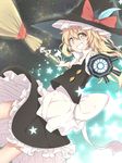  apron blonde_hair broom emushake frills grin hat hat_ribbon highres kirisame_marisa long_hair looking_at_viewer mini-hakkero outstretched_arms puffy_sleeves ribbon shirt short_sleeves skirt skirt_set smile solo star star_(sky) touhou vest waist_apron witch_hat yellow_eyes 