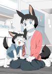  ambiguous_gender anthro biped black_fur black_hair blue_eyes blue_shirt blush canid canine canis cub digital_media_(artwork) dog duo female fur hair happy kitchen mammal mother mother_and_child multicolored_hair parent pink_shirt short_hair theterm white_fur wholesome young 