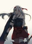  backlighting bad_id bad_pixiv_id bow_(weapon) cowboy_shot gloves gradient gradient_background hairband headband highres japanese_clothes kantai_collection long_hair looking_to_the_side midoriimo_(9ne8n) muneate shoukaku_(kantai_collection) silver_hair solo weapon wind 