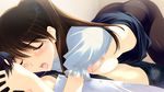  1girl bed black_hair bra bra_lift breast_press breasts brown_hair closed_eyes game_cg kitahara_haruki long_hair ogiso_setsuna open_mouth panties panties_under_pantyhose pantyhose pink_bra saliva saliva_trail shirt_lift skirt underwear white_album_2 