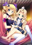  absurdres barefoot blonde_hair blue_eyes blush breasts cleavage company_name curly_hair detached_sleeves dress feet green_eyes hair_intakes hair_ornament highres huge_filesize kantaka koihime_musou legs long_hair looking_at_viewer medium_breasts multiple_girls no_pants official_art ribbon sitting sitting_on_lap sitting_on_person smile sousou teiiku thighhighs twintails very_long_hair 