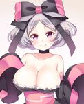  bare_shoulders bow breasts cleavage detached_sleeves hair_bow large_breasts moimoi_(pop'n_music) pop'n_music purple_hair short_hair shouni_(sato3) smile solo 