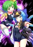  alternate_costume blue_eyes blue_hair blush bow breasts cirno cosplay covered_navel daiyousei ebi_193 fairy_wings flat_chest gakuran green_eyes green_hair hair_bow hat jojo_no_kimyou_na_bouken jojo_pose kuujou_joutarou kuujou_joutarou_(cosplay) large_breasts long_hair looking_at_viewer multiple_girls name_tag one-piece_swimsuit open_mouth pointing pointing_at_viewer pose school_swimsuit school_uniform short_hair side_ponytail smile star_platinum star_platinum_(cosplay) swimsuit teeth thighhighs touhou white_legwear wings 