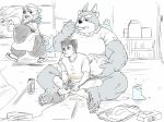  agyou anthro apron bandaid_protagonist_(tas) clothing eating koideandichi komainu male on_lap pawpads playing sitting_on_lap size_difference slightly_chubby tokyo_afterschool_summoners tsathoggua video_games 