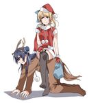  all_fours animal_costume ayase_eli black_legwear blonde_hair clipe collar crossed_legs hat highres human_chair human_furniture leash long_hair love_live! love_live!_school_idol_project multiple_girls reindeer_costume santa_hat simple_background sitting sitting_on_person smile sonoda_umi thighhighs white_background 