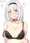  anna_nishikinomiya black_bra blush bra breasts cleavage green_eyes hairband heart heart-shaped_pupils isshiki_(ffmania7) large_breasts looking_at_viewer saliva saliva_trail shimoneta_to_iu_gainen_ga_sonzai_shinai_taikutsu_na_sekai silver_hair simple_background smile solo strap_slip symbol-shaped_pupils twitter_username underwear weapon 