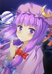  :o absurdres blush bow cigarette cigarette_holder cookie_(touhou) crescent crescent_hair_ornament dress hair_bow hair_ornament hair_ribbon hat highres long_hair looking_at_viewer mob_cap moon night patchouli_knowledge purple_eyes purple_hair ribbon smoking solo szk taisa_(cookie) touhou very_long_hair 