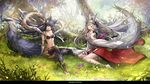  :d animal_ears anklet bare_legs barefoot bell black_hair black_legwear blue_eyes breasts copyright_name detached_sleeves erune fox_ears granblue_fantasy grass hair_ornament head_tilt highres jewelry komecchi long_hair looking_at_viewer medium_breasts multiple_girls nature navel open_mouth red_eyes silver_hair sitting smile socie_(granblue_fantasy) tail thighhighs toeless_legwear wolf_ears wolf_tail yokozuwari yuel_(granblue_fantasy) 