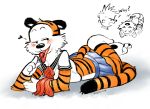  &lt;3 2019 3_toes 4_fingers anthro bedroom_eyes blush calvin_(c&amp;h) calvin_and_hobbes clothed clothing crossdressing digital_media_(artwork) english_text felid hair half-closed_eyes hi_res hobbes human kaboozey lying male mammal on_front on_ground pantherine school_uniform seductive signature simple_background skirt solo_focus text tiger toes tongue tongue_out uniform white_background 