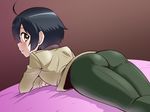  1boy ahoge ass bed black_hair blush brown_background from_behind huge_ass kobayashi_yoshio looking_at_viewer looking_back lying nagiichi on_stomach pants ranpo_kitan short_hair simple_background skin_tight smile solo tight tight_pants trap yellow_eyes 