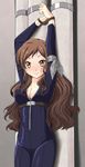  bdsm blush bodysuit bondage bound bound_wrists breasts brown_eyes brown_hair cleavage idolmaster idolmaster_million_live! kitazawa_shiho long_hair luckluck medium_breasts solo 