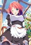  ;d black_legwear blush breasts day from_below hatsu_(first_snow) looking_at_viewer looking_down maid medium_breasts one_eye_closed open_mouth original skirt skirt_basket skirt_hold sky smile solo thighhighs underbust 