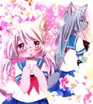  artist_request blue_hair brown_eyes cat dog furry glasses letter long_hair love_letter pink_eyes pink_hair school_uniform twintails 