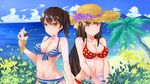  akagi_(kantai_collection) beach bikini blue_sky brown_eyes brown_hair cloud day dust_(394652411) food hat highres horizon ice_cream ice_cream_cone kaga_(kantai_collection) kantai_collection long_hair multiple_girls navel outdoors palm_tree polka_dot polka_dot_bikini polka_dot_swimsuit short_hair side_ponytail sky striped striped_bikini sun_hat swimsuit tree wafer_stick 