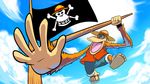  cosplay crossover donkey_kong_(series) donkey_kong_64 flag hat lanky_kong monkey monkey_d_luffy monkey_d_luffy_(cosplay) no_humans one_piece pirate_ship sandals skull_and_crossbones straw_hat triple-q 