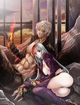  1girl abs ass black_panties blue_hair breasts chaps coco_(eccentricrouge) dark_skin fire gloves jacket k' kula_diamond large_breasts long_hair open_clothes open_jacket panties pyrokinesis red_eyes the_king_of_fighters underwear white_hair 