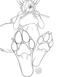  2014 anthro areola black_and_white breasts canine claws crossed_legs dinyka female fennec foot_focus fox hair hair_over_eye hindpaw looking_at_viewer mammal monochrome nateday nipples nude pawpads paws riding_crop simple_background soles solo toe_claws white_background 