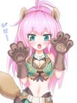  1girl :o animal_ears antenna_hair bangs bare_shoulders blush breasts brown_gloves bustier cleavage cleavage_cutout dog_ears dog_tail eyebrows_visible_through_hair gloves green_vest halphas_(megido72) heart_cutout highres long_hair medium_breasts megido72 midriff monatoni navel paw_gloves paws pink_hair ponytail solo tail very_long_hair vest white_background 