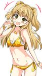  :d bikini blonde_hair breasts cleavage fang green_eyes highres idolmaster idolmaster_cinderella_girls jewelry jougasaki_rika long_hair looking_at_viewer natsu_(anta_tte_hitoha) navel necklace open_mouth simple_background small_breasts smile solo swimsuit two_side_up w white_background yellow_bikini 