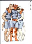  bike_shorts bulge canine cat digitigrade feline green_eyes group hug male male/male mammal meesh reaching_down_pants spandex tiger wolf 