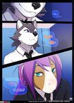  blue_eyes brown_fur canine clothed clothing comic cream_fur dialogue english_text equine fur gavin_(tokifuji) grey_fur hair horse mammal necktie purple_hair reggie_(tokifuji) smile stall teal_eyes text tokifuji uniform white_fur wolf 